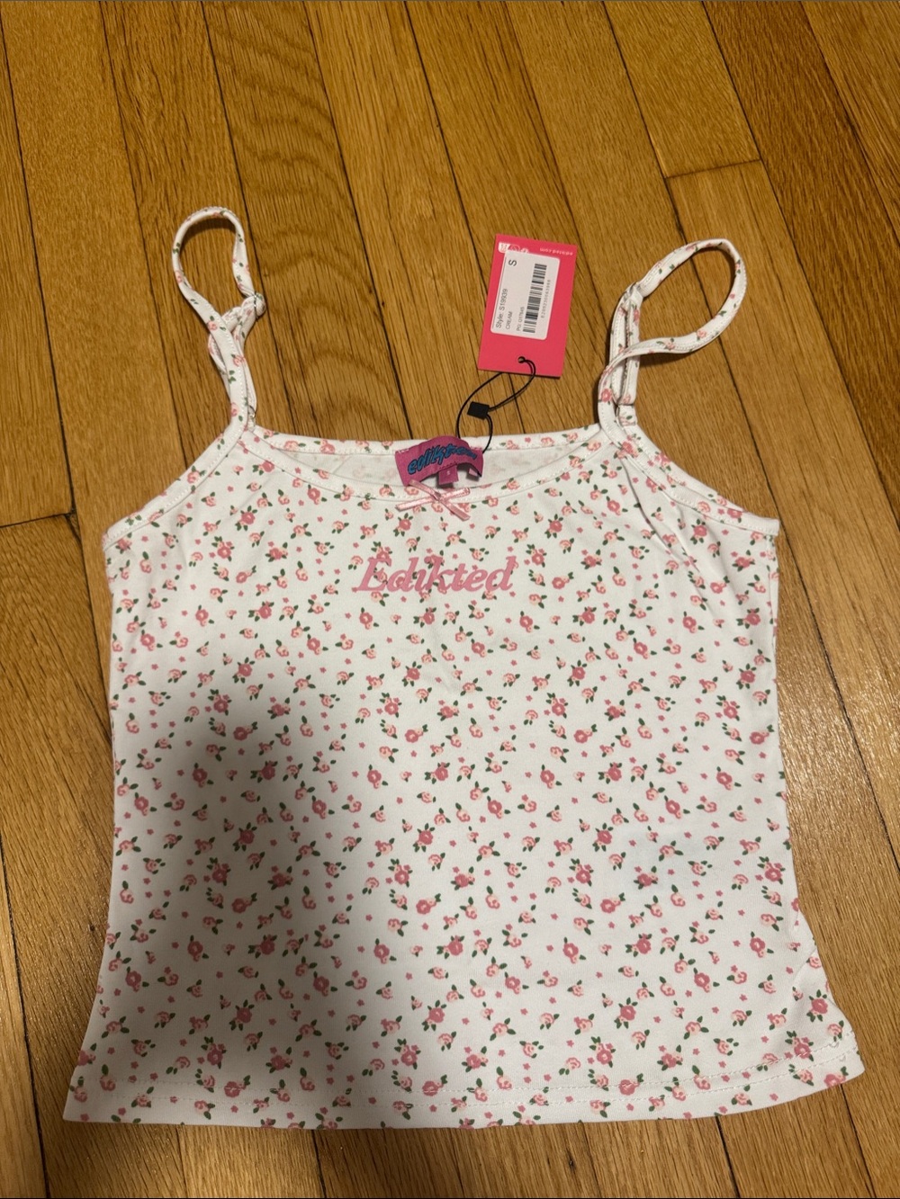 Edikted White Floral Print Tank Top with Pink Accents